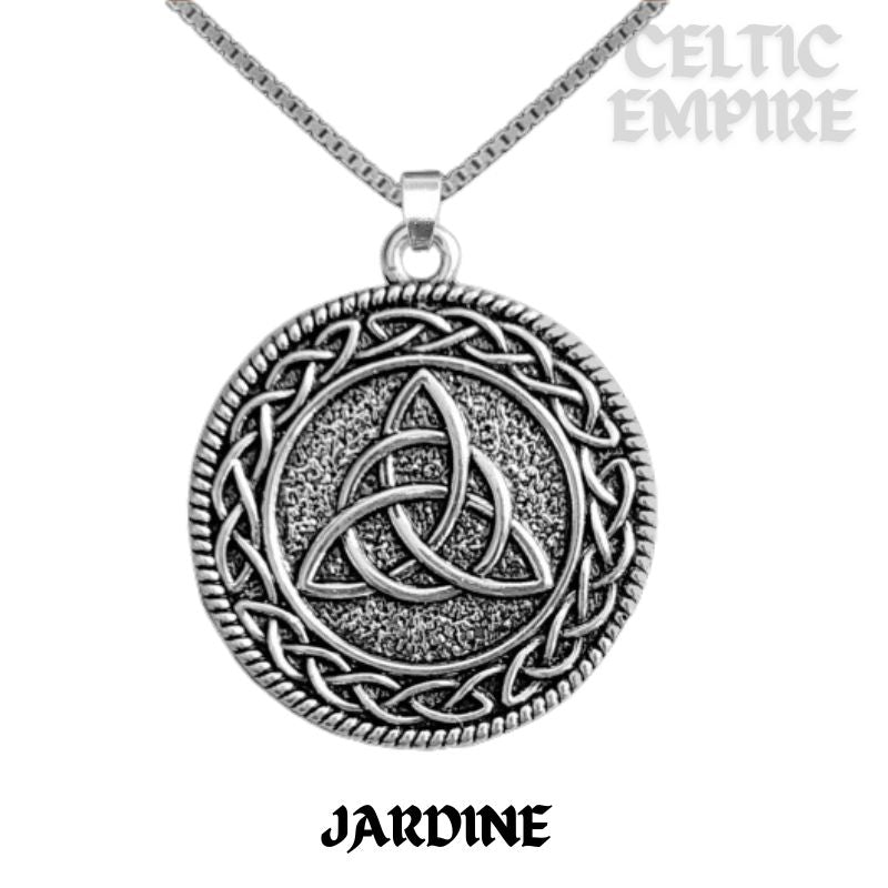 Jardine Family Clan Crest Celtic Interlace Disk Pendant, Scottish Family Crest