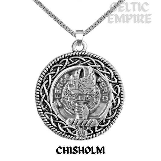 Chisholm Family Clan Crest Celtic Interlace Disk Pendant, Scottish Family Crest