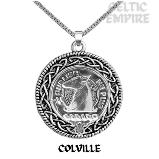 Colville Family Clan Crest Celtic Interlace Disk Pendant, Scottish Family Crest