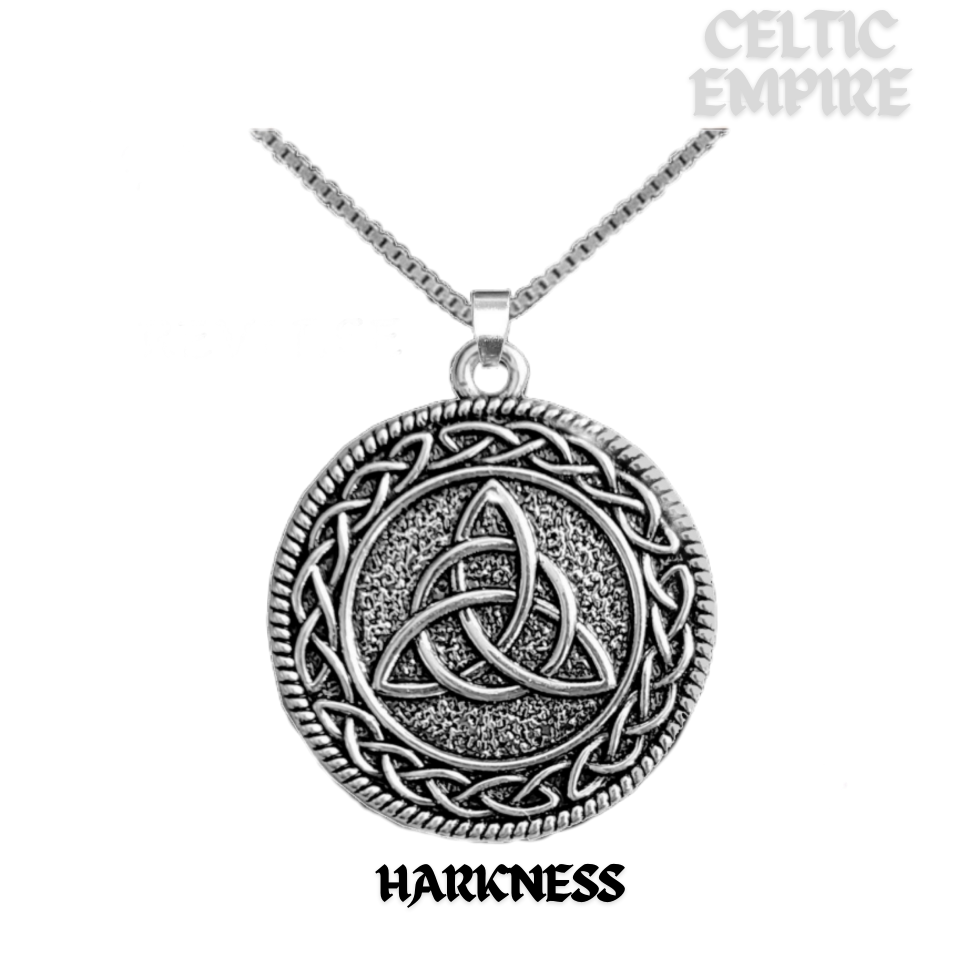 Harkness Family Clan Crest Celtic Interlace Disk Pendant, Scottish Family Crest