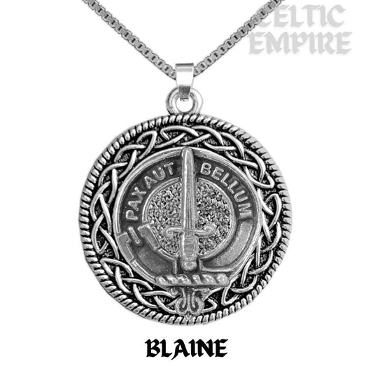 Blaine Family Clan Crest Celtic Interlace Disk Pendant, Scottish Family Crest