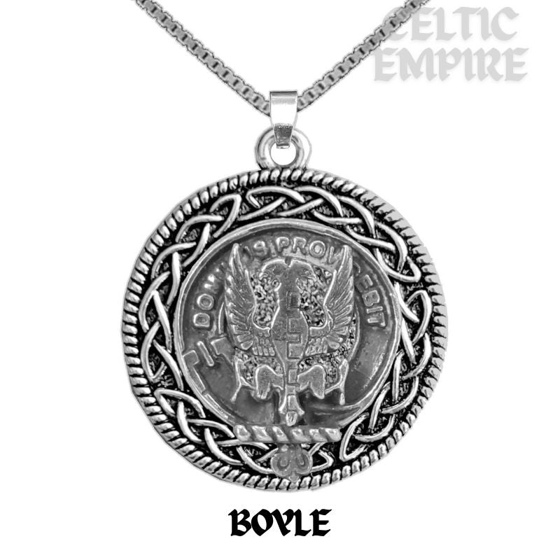 Boyle Family Clan Crest Celtic Interlace Disk Pendant, Scottish Family Crest