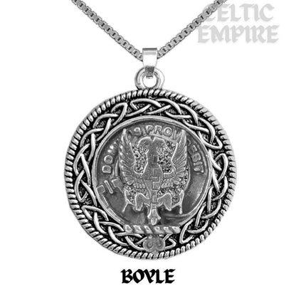 Boyle Family Clan Crest Celtic Interlace Disk Pendant, Scottish Family Crest