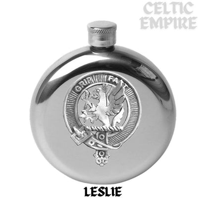 Leslie 5oz Round Scottish Family Clan Crest Badge Stainless Steel Flask