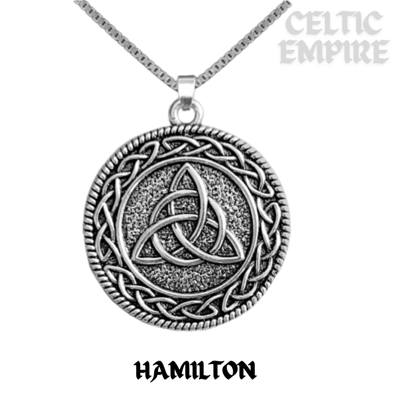 Hamilton Family Clan Crest Celtic Interlace Disk Pendant, Scottish Family Crest