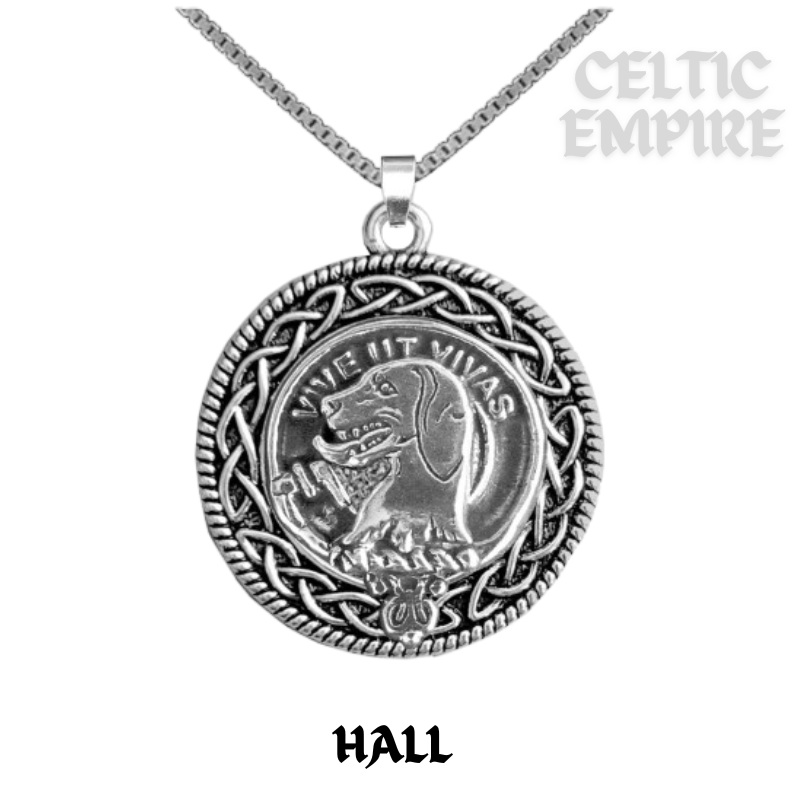 Hall Family Clan Crest Celtic Interlace Disk Pendant, Scottish Family Crest