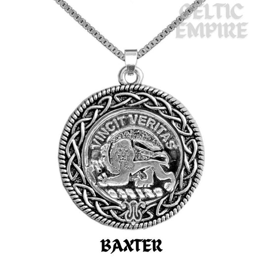 Baxter Family Clan Crest Celtic Interlace Disk Pendant, Scottish Family Crest