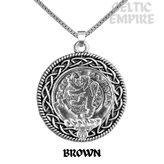 Brown Family Clan Crest Celtic Interlace Disk Pendant, Scottish Family Crest