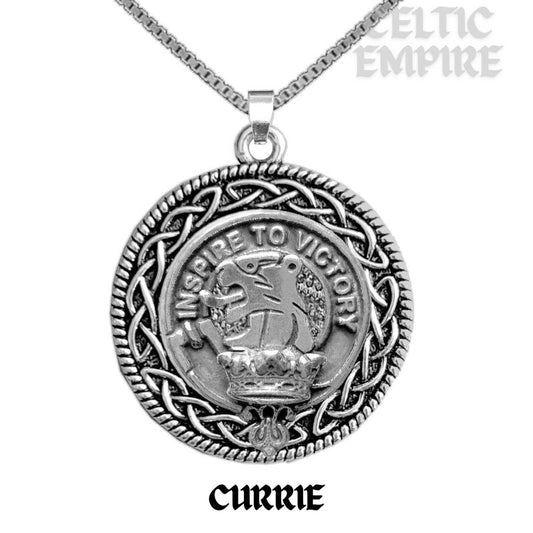 Currie Family Clan Crest Celtic Interlace Disk Pendant, Scottish Family Crest