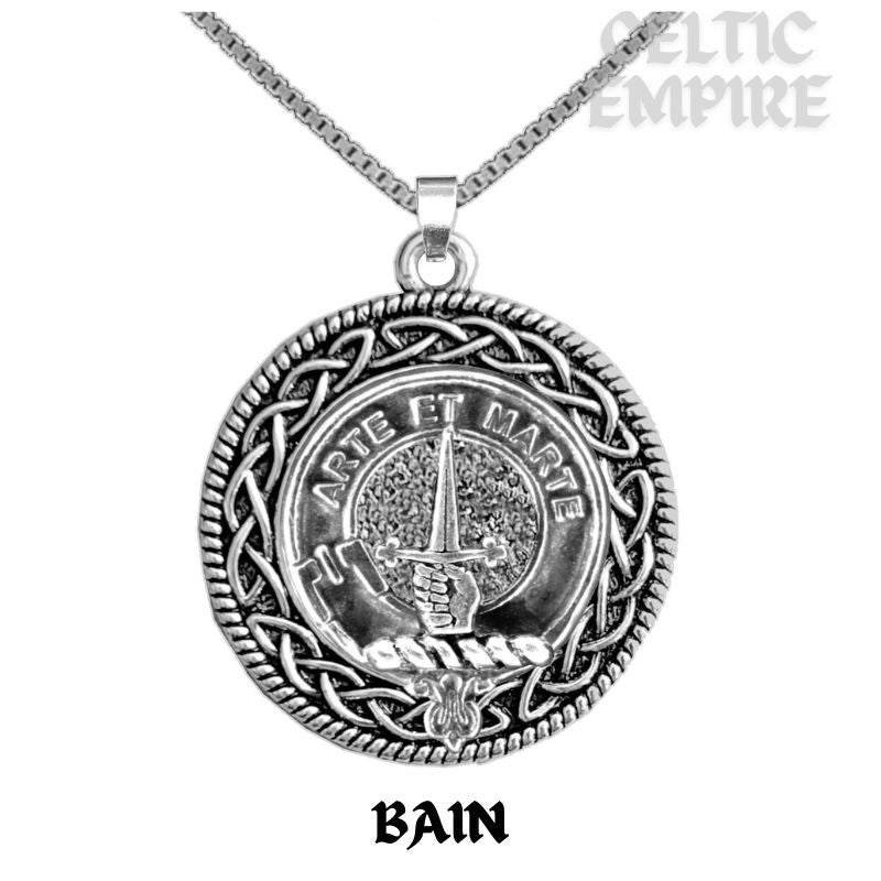 Bain Family Clan Crest Celtic Interlace Disk Pendant, Scottish Family Crest