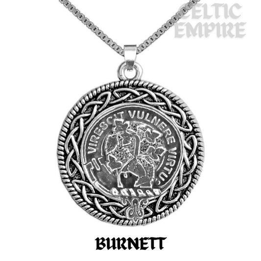 Burnett Family Clan Crest Celtic Interlace Disk Pendant, Scottish Family Crest