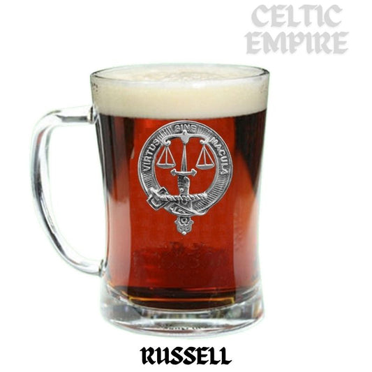 Russell Family Clan Crest Badge Glass Beer Mug