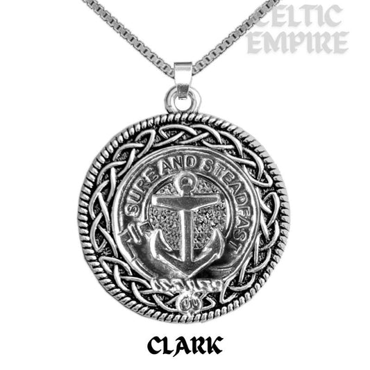 Clark Family Clan Crest Celtic Interlace Disk Pendant, Scottish Family Crest