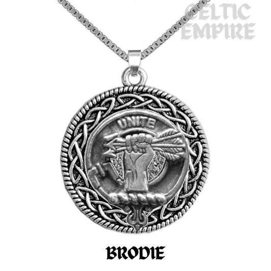 Brodie Family Clan Crest Celtic Interlace Disk Pendant, Scottish Family Crest