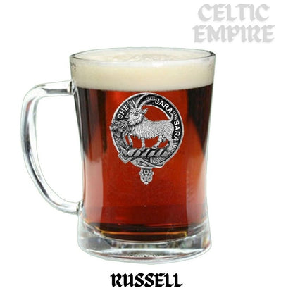Russell (Goat Old) Family Clan Crest Badge Glass Beer Mug