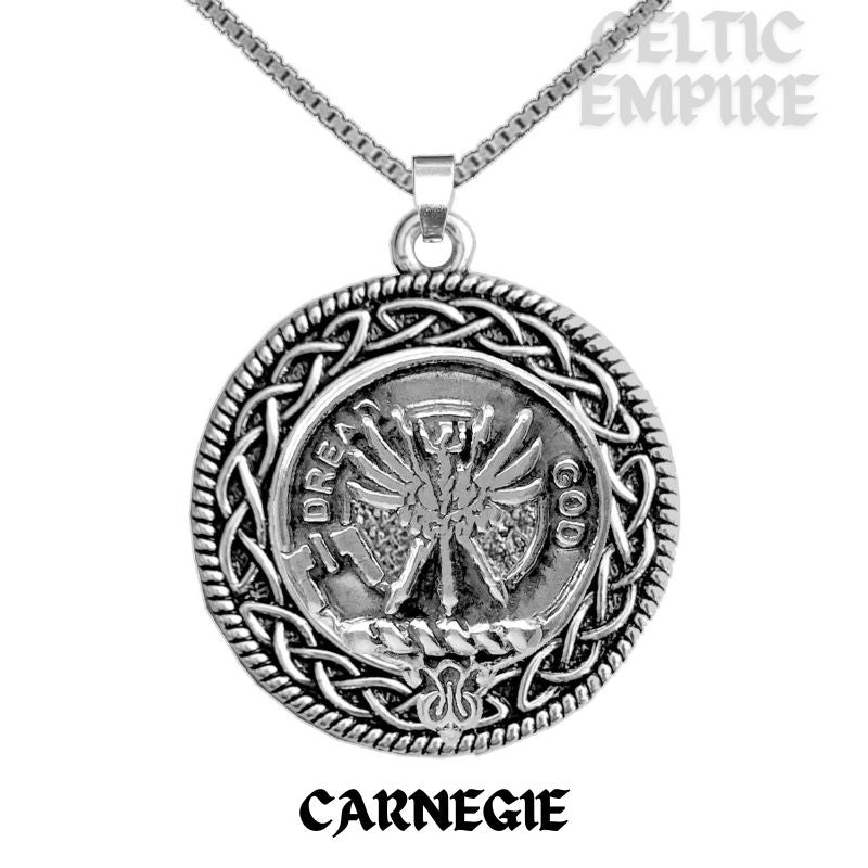 Carnegie Family Clan Crest Celtic Interlace Disk Pendant, Scottish Family Crest