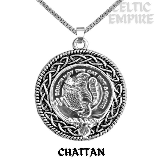 Chattan Family Clan Crest Celtic Interlace Disk Pendant, Scottish Family Crest