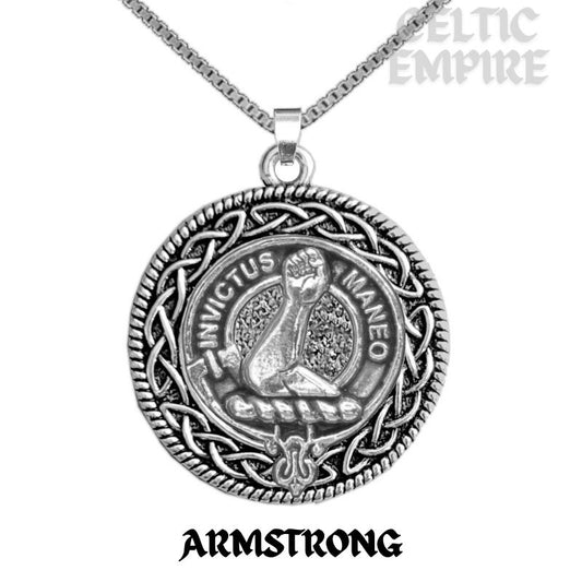 Armstrong Family Clan Crest Celtic Interlace Disk Pendant, Scottish Family Crest