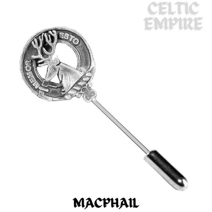 MacPhail Family Clan Crest Stick or Cravat pin, Sterling Silver