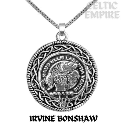 Irvine Bonshaw Family Clan Crest Celtic Interlace Disk Pendant, Scottish Family Crest