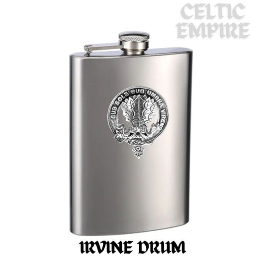 Irvine (Drum) 8oz Family Clan Crest Scottish Badge Stainless Steel Flask