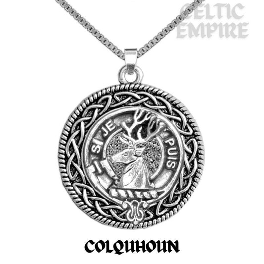 Colquhoun Family Clan Crest Celtic Interlace Disk Pendant, Scottish Family Crest