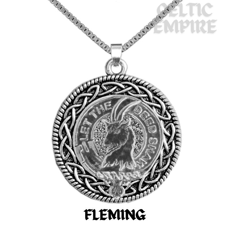 Fleming Family Clan Crest Celtic Interlace Disk Pendant, Scottish Family Crest