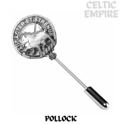Pollock Family Clan Crest Stick or Cravat pin, Sterling Silver