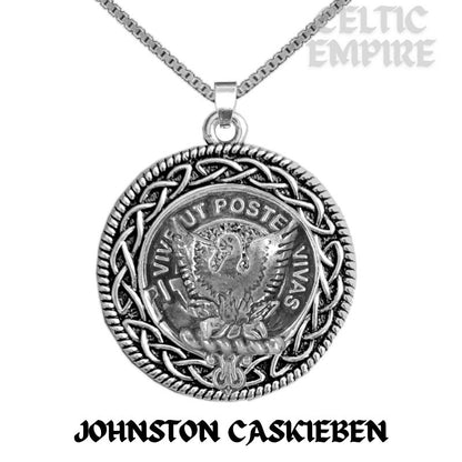 Johnston Caskieben Family Clan Crest Celtic Interlace Disk Pendant, Scottish Family Crest