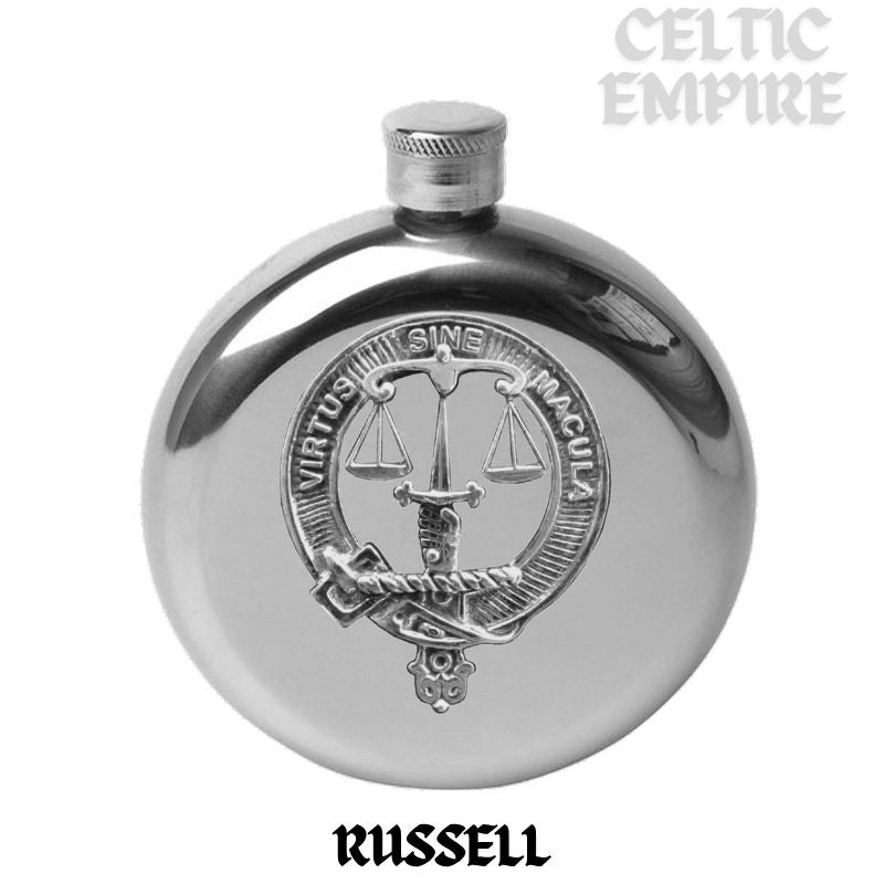 Russell 5 oz Round Family Clan Crest Scottish Badge Flask