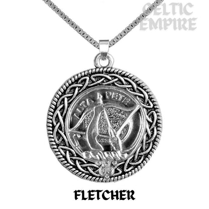 Fletcher Family Clan Crest Celtic Interlace Disk Pendant, Scottish Family Crest