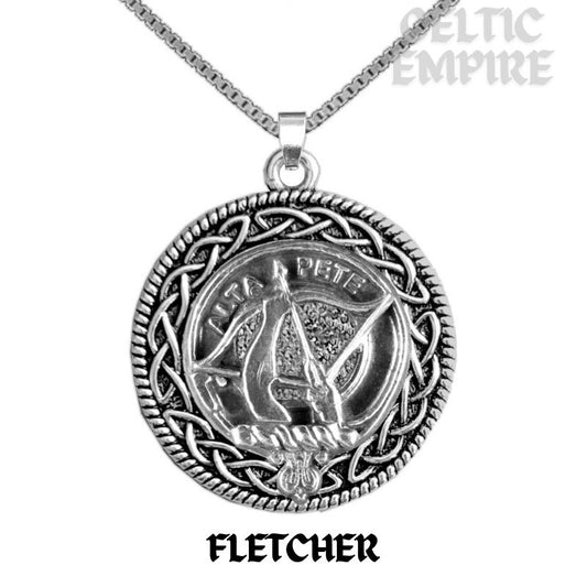 Fletcher Family Clan Crest Celtic Interlace Disk Pendant, Scottish Family Crest