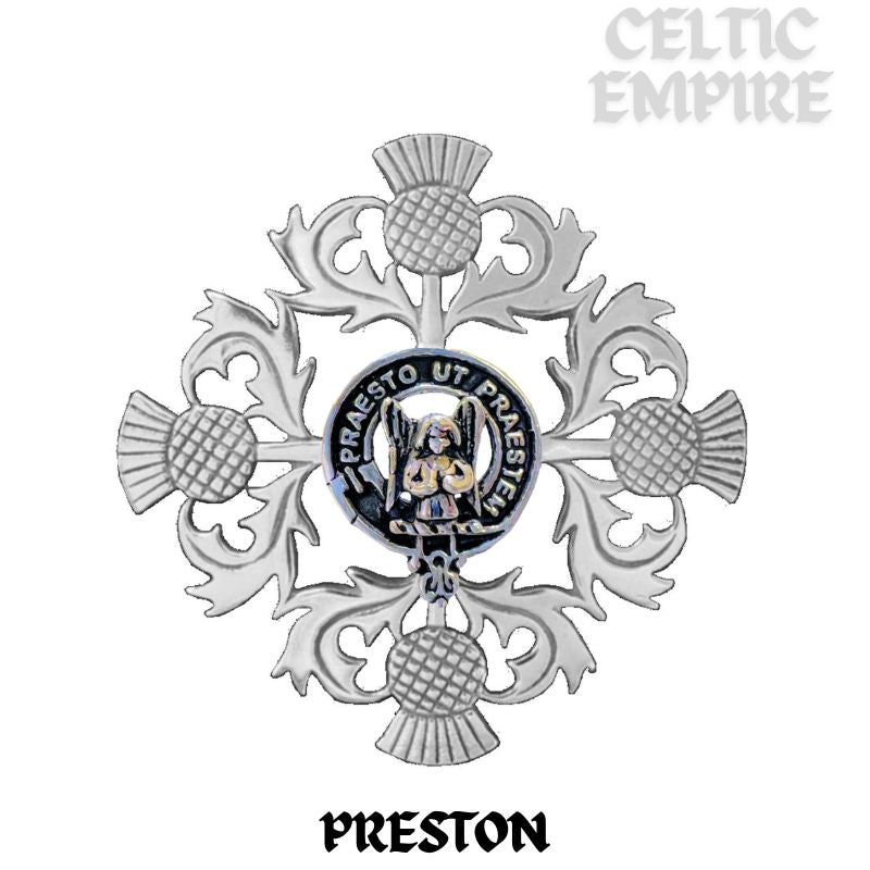 Preston Family Clan Crest Scottish Four Thistle Brooch