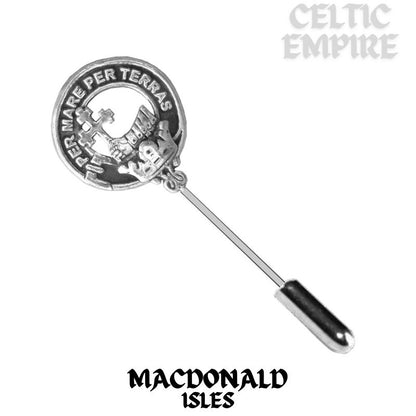 MacDonald (Isles) Family Clan Crest Stick or Cravat pin, Sterling Silver