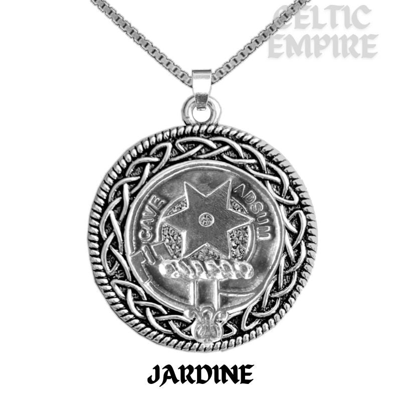 Jardine Family Clan Crest Celtic Interlace Disk Pendant, Scottish Family Crest