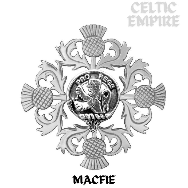 MacFie Family Clan Crest Scottish Four Thistle Brooch