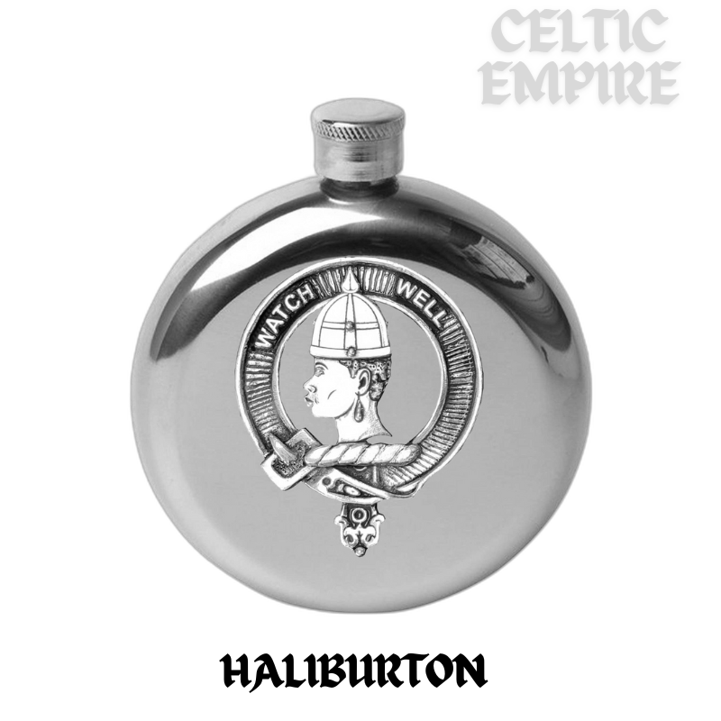 Haliburton 5 oz Round Family Clan Crest Scottish Badge Flask
