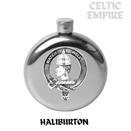 Haliburton 5 oz Round Family Clan Crest Scottish Badge Flask