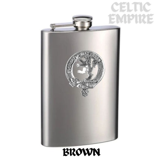 Brown Family Clan Crest Scottish Badge Stainless Steel Flask 8oz