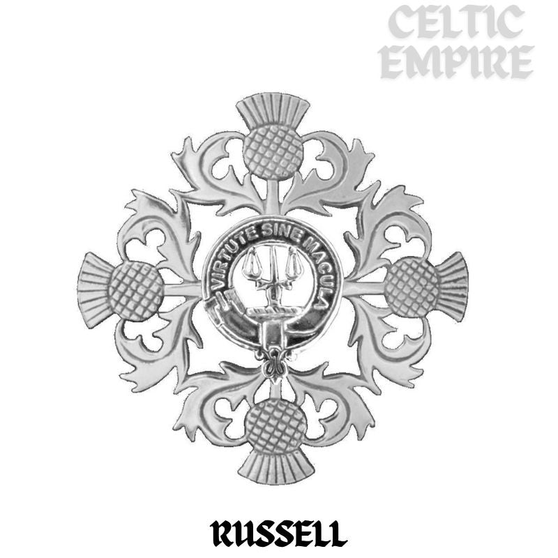 Russell Family Clan Crest Scottish Four Thistle Brooch