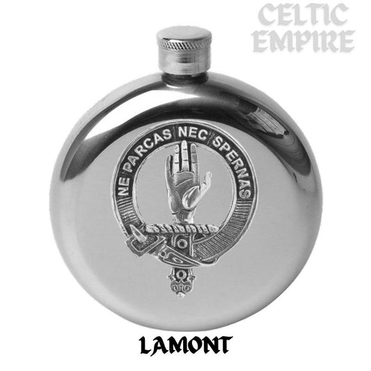 Lamont 5oz Round Scottish Family Clan Crest Badge Stainless Steel Flask