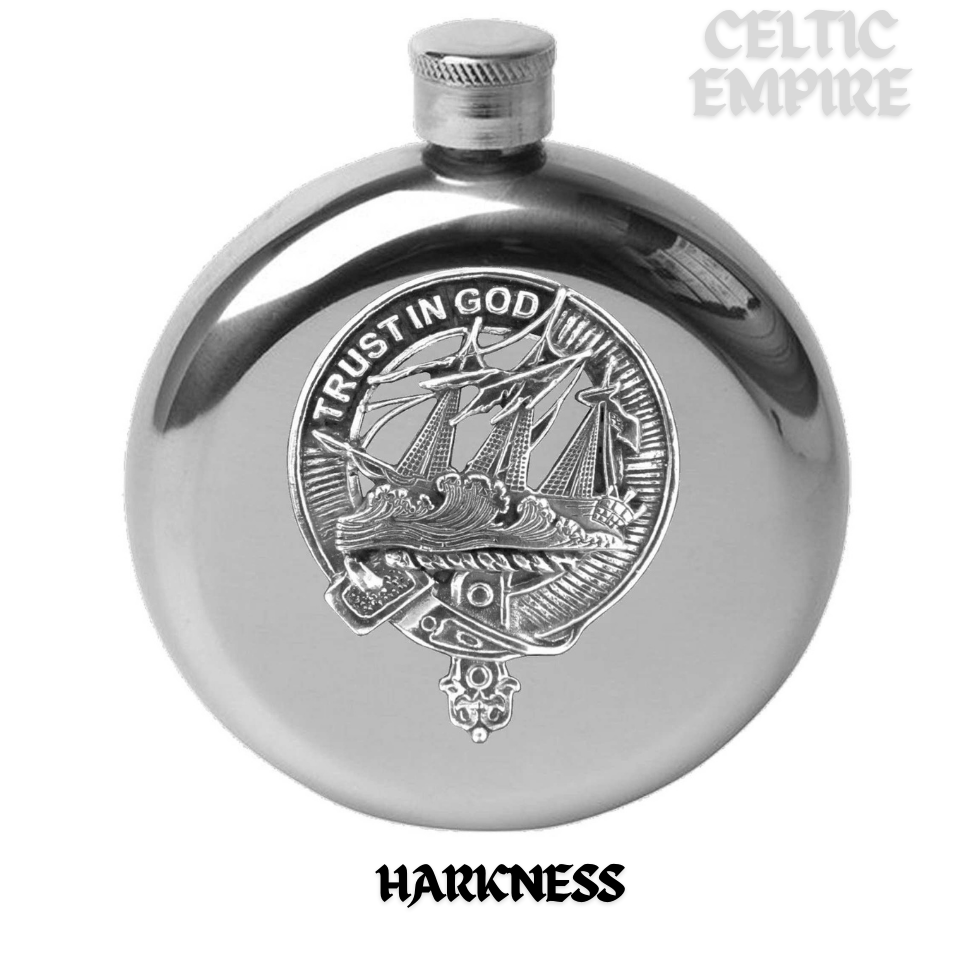 Harkness 5oz Round Family Clan Crest Scottish Badge Flask