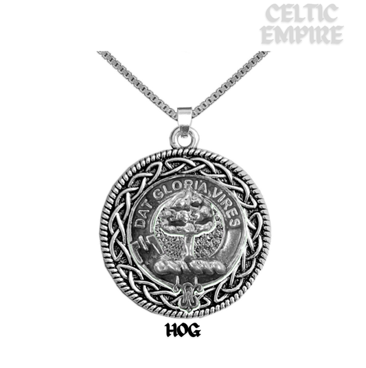 Hog Family Clan Crest Celtic Interlace Disk Pendant, Scottish Family Crest