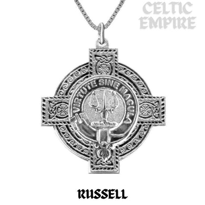 Russell Family Clan Crest Celtic Cross Pendant Scottish