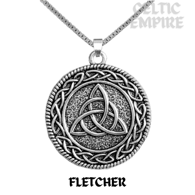 Fletcher Family Clan Crest Celtic Interlace Disk Pendant, Scottish Family Crest