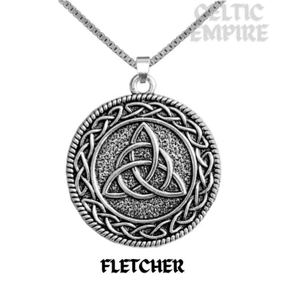 Fletcher Family Clan Crest Celtic Interlace Disk Pendant, Scottish Family Crest