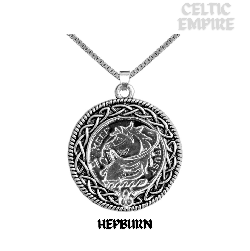 Hepburn Family Clan Crest Celtic Interlace Disk Pendant, Scottish Family Crest