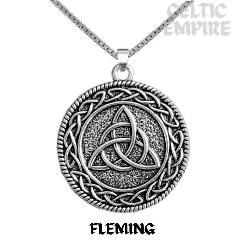 Fleming Family Clan Crest Celtic Interlace Disk Pendant, Scottish Family Crest