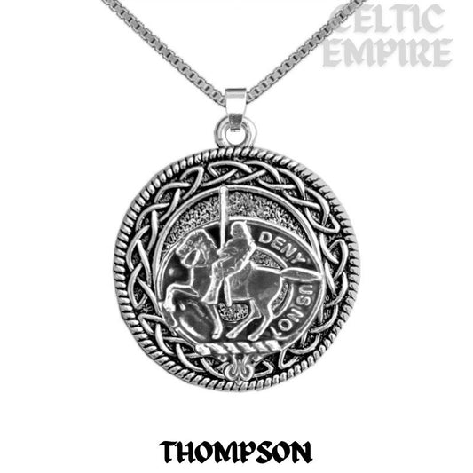 Thompson Family Clan Crest Celtic Interlace Disk Pendant, Scottish Family Crest