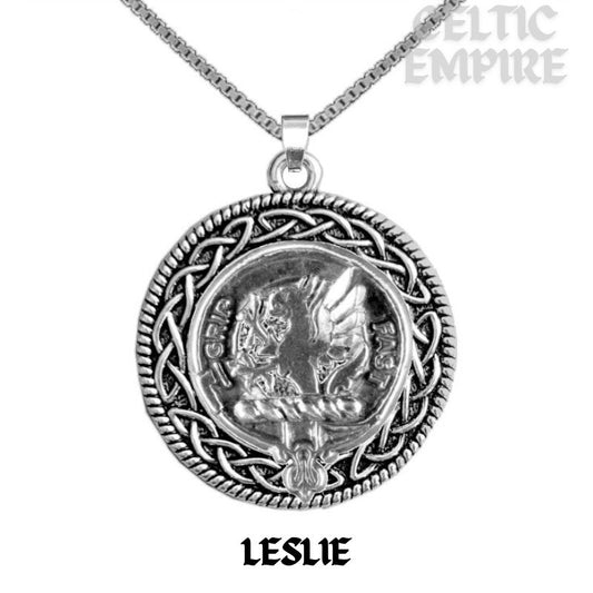 Leslie Family Clan Crest Celtic Interlace Disk Pendant, Scottish Family Crest